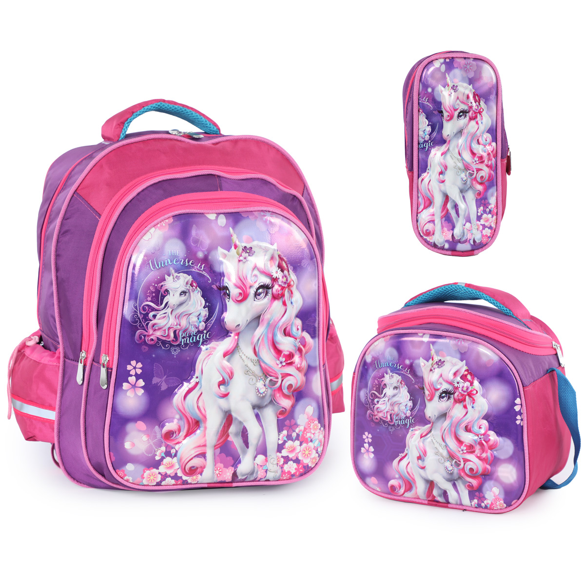 Cartable Fille UNICORN Avec Sac Repas et Trousse à Crayons