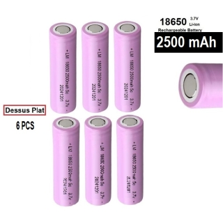 6 Piles Rechargeables 3.7V 18650 ICR 2500mAh Dessus Plat