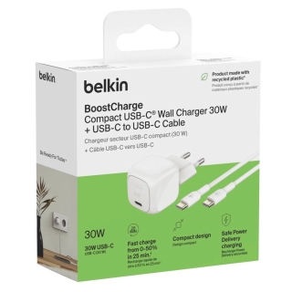 Belkin Chargeur Secteur USB-C 30W Power Delivery 3.1 avec Câble USB-C vers USB-C