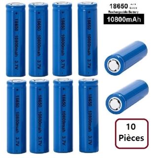 Lot de 10 Piles Rechargeables 3.7V 18650 10800mAh Dessus Plat