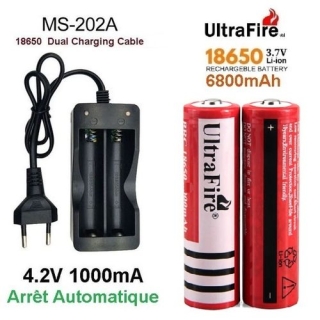 Lot de 2 Piles Rechargeables 3.7V 18650 6800 mAh & Chargeur de Piles 18650 à 2 Fentes