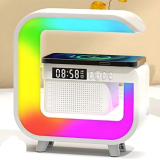 Station de Charge Sans Fil Multifonction avec Enceinte Bluetooth, Radio FM, Réveil, Veilleuse LED RGB