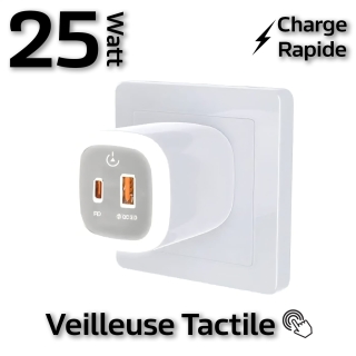 Chargeur Super Rapide PD25W + USB QC3.0 avec Veilleuse Led Tactile Ajustable