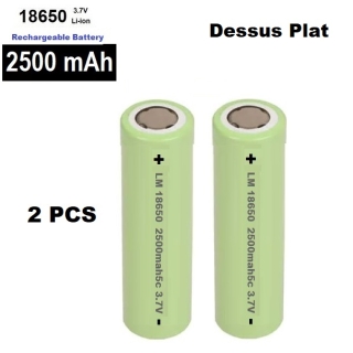 2 Piles Rechargeable 3.7V 18650 2500 mAh Dessus plat (pôle positif Plat)