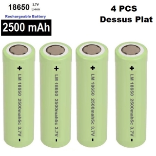 4 Piles Rechargeable 3.7V 18650 2500 mAh Dessus plat (Pôle positif Plat)