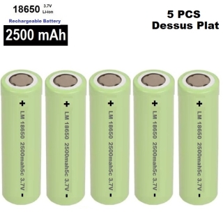 5 Piles Rechargeable 3.7V 18650 2500 mAh Dessus plat (pôle positif Plat)