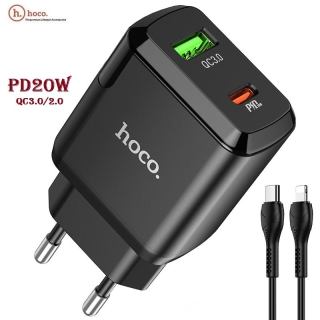 Chargeur Rapide HOCO à 2 Ports (USB-C PD 20W - USB-A 18W) Avec câble USB-C vers Lightning