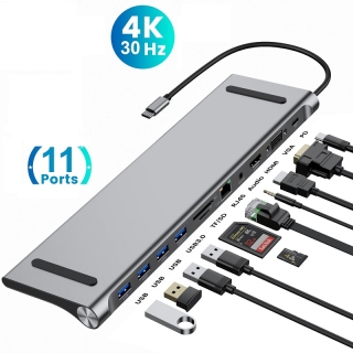 Hub Type-C Multifonction 11 en 1 avec HDMI, VGA, 4 Ports USB 3.0, Ethernet RJ45, Lecteurs SD/TF, Prise Jack & PD 87W