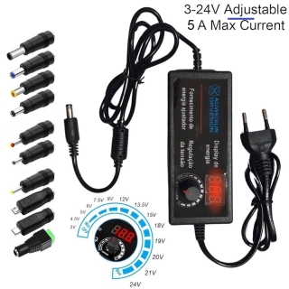 Adaptateur secteur réglable de 3 à 24V / 5A, Avec affichage numérique de tension & 10 Connecteurs