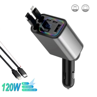 Chargeur Rapide de Voiture 120W 5 en 1 avec 2 Câbles Rétractables USB-C & iPhone (Lightning)