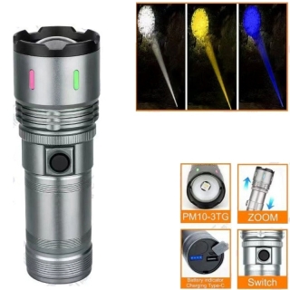 Lampe Torche LED rechargeable à 5 Modes d'éclairage (Lumière blanche, bleue, jaune, blanche clignotante)