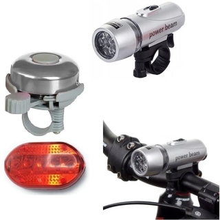 Kit d'éclairage LED pour vélo avec sonnette - phare avant et feu arrière de sécurité