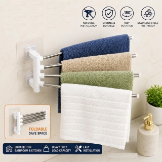 Porte-serviettes mural pliable à 4 barres - Fixation adhésive sans perçage (Finition chromée)