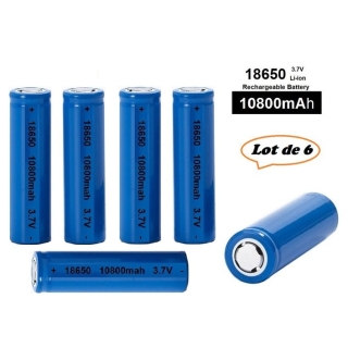 Lot de 6 Piles Rechargeables 3.7V 18650 10800mAh Dessus Plat