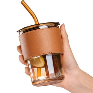 Tasse en Verre avec Couvercle et Paille