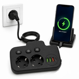 Multiprise avec Interrupteur 2500W, 10A avec 2 Voies, 3 USB & 1 Type-C