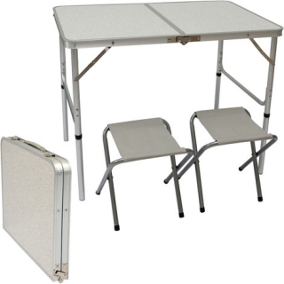 Table de camping pliable réglable en hauteur 90x60x70cm – Inclut 2 tabourets pliants