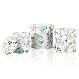 Série de 03 coffrets-cadeau cylindriques motif bicyclette