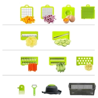 Coupe-Légumes Multifonction 14-en-1 – Mandoline, Hachoir et Râpe avec Récipient
