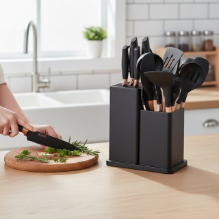 Pack Complet Ustensiles de Cuisine & Couteaux (19 Pièces) en Silicone et Bois avec Support de Rangement