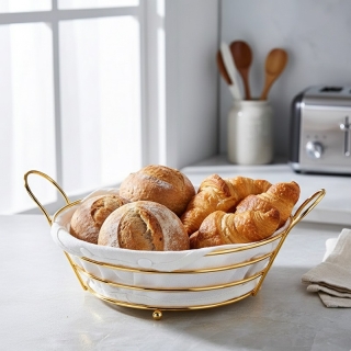 Corbeille à Pain et Fruits Design Luxe - Métal Doré avec Doublure Tissu Amovible