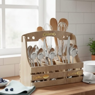 Range-Couverts en Bois Design "Couverts" avec Poignée & Compartiments