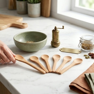 Lot de 6 Mini Cuillères en Bois Naturel pour Épices, Café et Sels