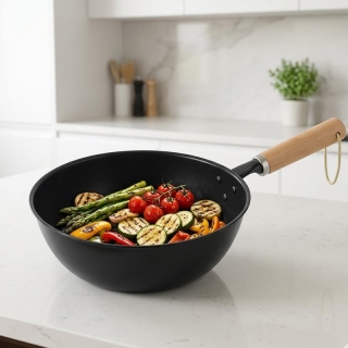 Poêle Wok Barbecue Antiadhésive avec Trous - Manche en Bois