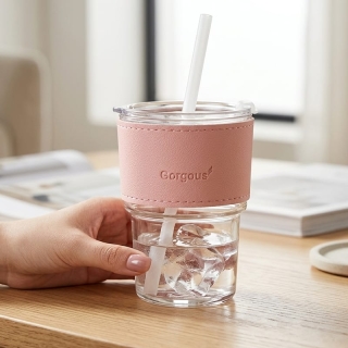 Gobelet en Verre Premium Rose Pastel avec Manchon Cuir - 450ml
