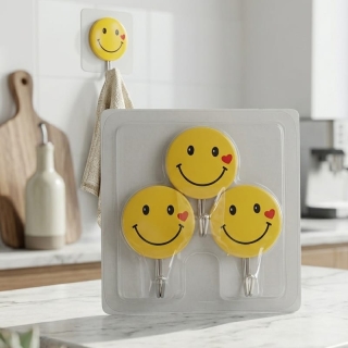 Lot de 3 Crochets Muraux Adhésifs Smiley - Fixation Sans Perçage