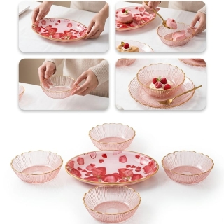 Service Vaisselle Rose Verre — 4 Bols + Assiette Dorée
