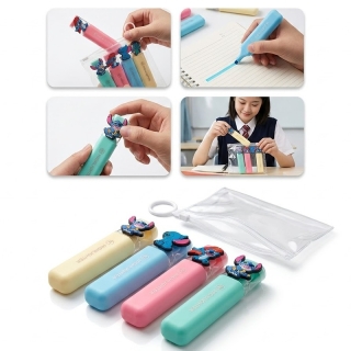 Pack 4 Surligneurs Stitch Kawaii Pastel + Trousse Transparente