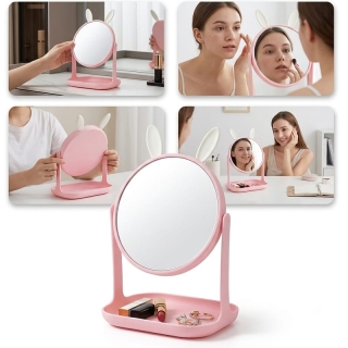 Miroir de Table Maquillage Orientable avec Oreilles de Lapin & Socle Rangement