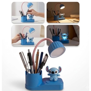 Lampe de Bureau LED Stitch Bleue Rechargeable - Veilleuse & Pot à Crayons