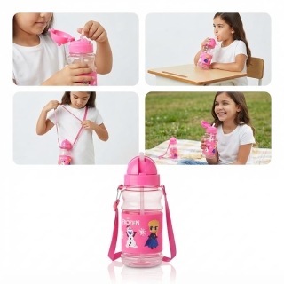 Gourde enfant FROZEN rose avec paille et bandoulière — étanche, légère