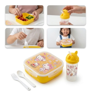 Lunch box Hello Kitty jaune enfant — set complet (boîte + gourde + couverts)