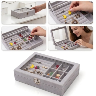 Boîte à bijoux velours grise avec compartiments et serrure — élégante
