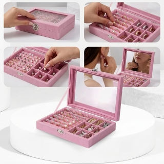 Boîte à bijoux rose velours avec compartiments