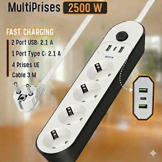 Multiprise 2500w Rallonge 3 Mètre - 4Prises -2 Ports USB et 1 Port type C