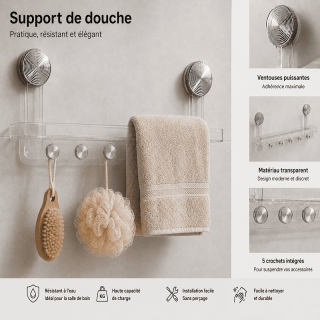 Support transparent a ventouses avec 5 crochets