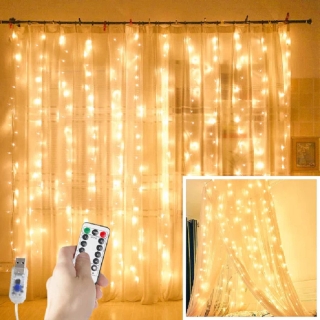 Rideau lumineux USB Guirlande LED R 3x3M Blanc Chaud, 8 modes d'éclairage