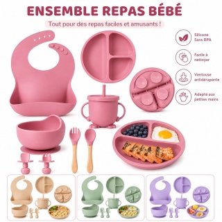Ensemble Repas Bébé 9 pièces en Silicone