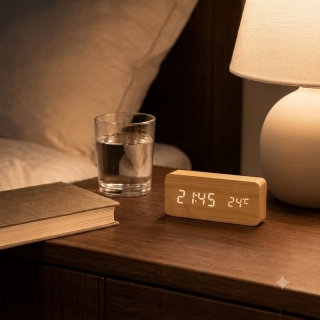 Horloge numérique portable en bois avec affichage LED - Beige