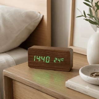 Horloge numérique portable en bois avec affichage LED - Marron