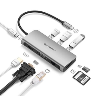 HUB USB-C 9-en-1 Vers 3*USB 3.0 + HDMI + VGA + RJ45 + TF + SD + Type-C PD 100W