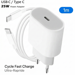 Pack Chargeur Rapide USB-C 25W PD + Câble Type-C (1m) - Blanc