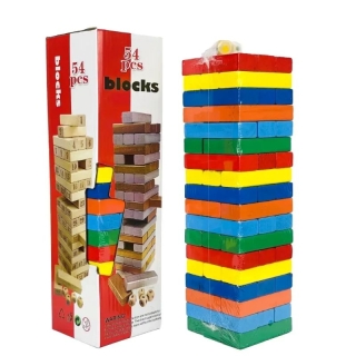 Jeu en Bois Jenga – 54 Pièces Colorées avec 2 Dés, Tour d’Équilibre Éducative et Ludique
