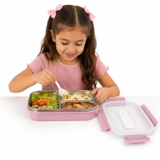 Lunch Box inox avec 3 compartiments et cuillère Rose