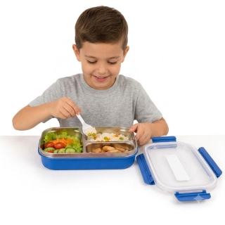 Lunch Box inox avec 3 compartiments et cuillère Bleu