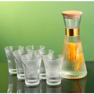 Service à Boisson 7 Pièces Carafe Et 6 Verres en Verre avec Bord Doré